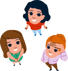 view top above person vector. overhead human, set flat, female crowd view top above person character. people flat cartoon illustration
