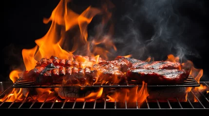 Fotobehang meat on a grill with flames © Stocarp