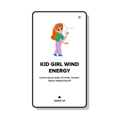 electricity kid girl wind energy vector. turbine plant, technology ecology, global power electricity kid girl wind energy web flat cartoon illustration