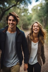 Obraz premium a casually dressed lovely young couple walking along a walking trail. generative AI