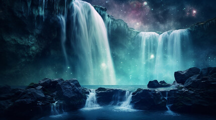 Beautiful waterfall under a sky full of stars.