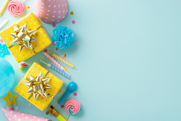 Lively party inspiration theme. Flat lay top view image featuring celebratory props, lollipops,...