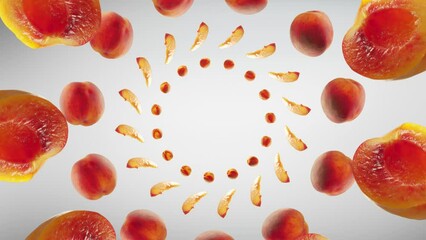 Flying Peach and Peaches slices in Bright Grey Background