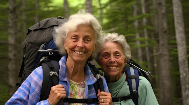 Close-up photo of a retired women as they embrace the joy of backpacking. Surrounded by nature's wonders, they radiate happiness and inspire others to pursue their passions, regardless of age.