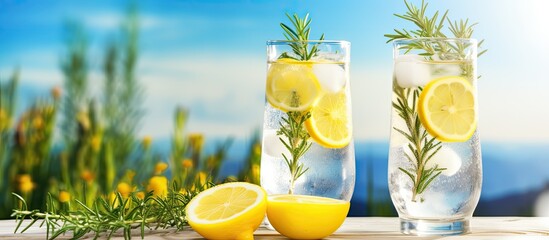Refreshing lemonade with ice, rosemary, and lemon slices in the garden. Fresh and healthy cold lemon beverage. Lemon water.