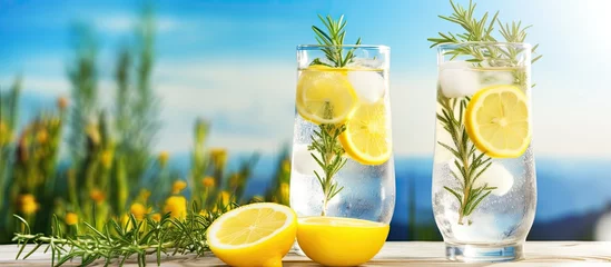 Fotobehang Refreshing lemonade with ice, rosemary, and lemon slices in the garden. Fresh and healthy cold lemon beverage. Lemon water. © TheWaterMeloonProjec