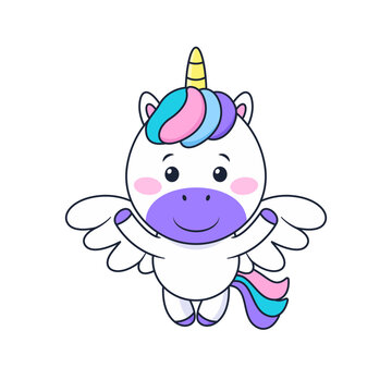 isolated cartoon unicorn with horn and wings.