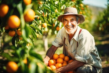 Senior man orange farm worker harvesting orange, agricultural products. Generative AI