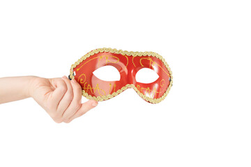 Carnival mask in hand, red vintage masquerade accessory isolated