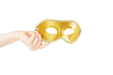 Carnival mask in hand, golden vintage masquerade accessory isolated