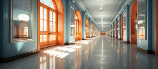 Perspective corridor with blurred hotel surroundings.