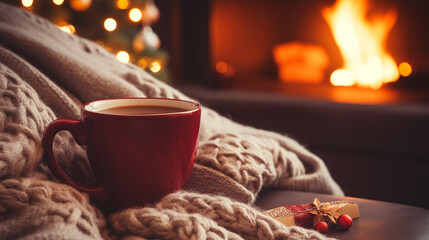 A cup of hot tea or coffee in front of fireplace and Christmas tree. Cozy home leisure and relaxation. Christmas concept - obrazy, fototapety, plakaty