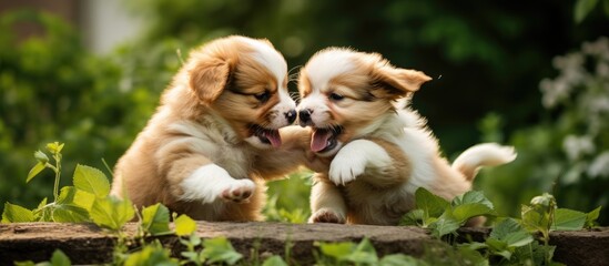 Puppies engage in play fighting outdoors, with one puppy on top of another. They are one month old.