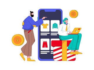 Holiday shopping people doing e-commerce online shopping flat vector concept operation hand drawn illustration
