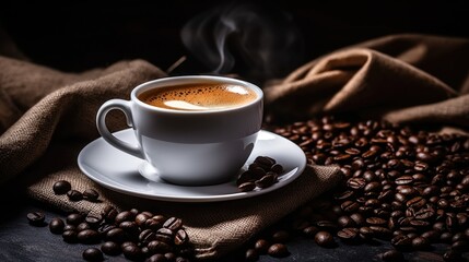Black coffee with milk foam in white cup coffee beans background.