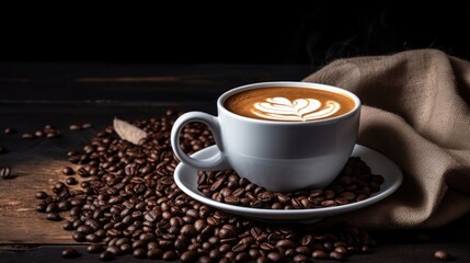 Fototapeta premium Black coffee with milk foam in white cup coffee beans background.
