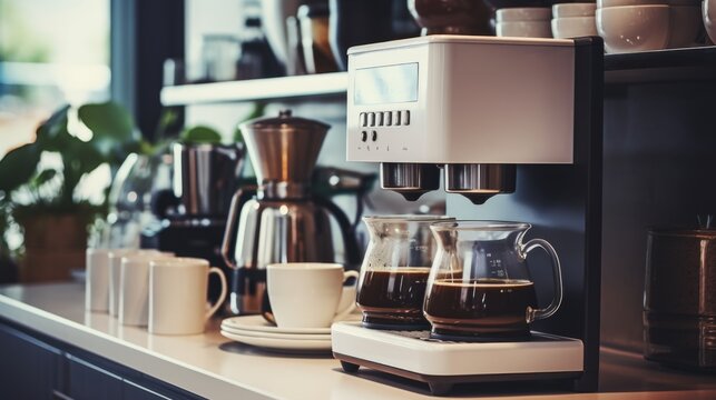Brew coffee maker and coffee cup in modern coffee cafe.