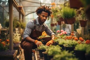 Young black male landscaper doing his job. Young man gardener working. Generative AI