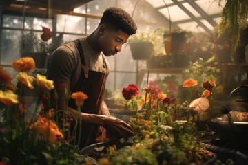 Young black male landscaper doing his job. Young man gardener working. Generative AI