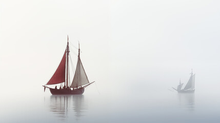 Fototapeta premium Sailing ships sailing in sea fog, hyper realistic peaceful landscape.