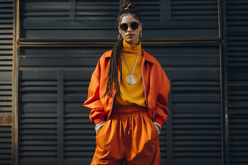 Female Model Dons a Stylish Outfit featuring a Baggy Tracksuit, Classic Sneakers, and a Gleaming Gold Chain &ndash; Embracing the Retro Fashion Vibes 90s Hip-Hop Chic