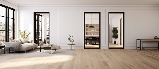 A modern apartment with light wood floors, white walls, black trim, and a hallway that connects the living room and bedroom. - obrazy, fototapety, plakaty