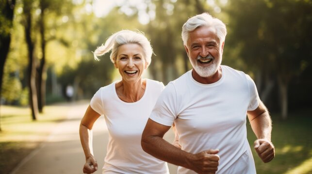 Smiling Senior Couple Jogging In The Park.