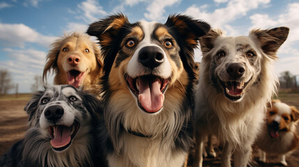A group of dogs taking a selfie on a blurred background - obrazy, fototapety, plakaty