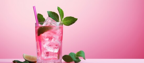Focused pink cocktail with ice and mint