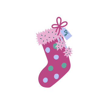 Christmas stocking. A colorful flat illustration of a polka dot red sock, hanging, with pink fur trimming and a note tied with ribbon. Isolated on a white background.