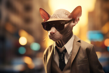 A Sphynx Cat Sporting Sunglasses, a Hat, and a Business Suit, Strolling Confidently in a Busy Street – Close-Up with Bokeh Background, Embracing the Purr-fect Blend of Style and Whiskered Charm