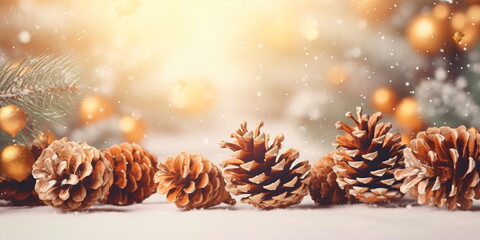 winter-themed background featuring golden pine cones, evergreen branches, and festive elements