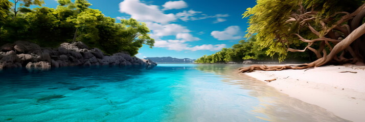 Natural beauty of pristine turquoise waters, whether it's a tropical beach, a clear lake, or a winding river.