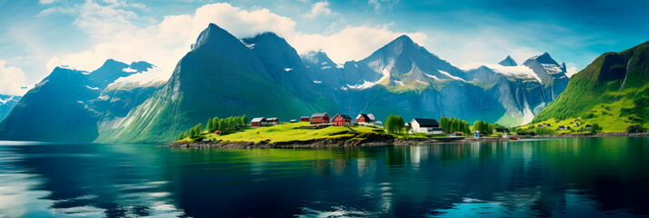 tranquility of rural with a fjord landscape, where calm waters reflect towering mountains and quaint villages. - obrazy, fototapety, plakaty