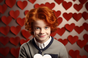 Valentine's Day, smiling red-haired boy on a background of red and white valentines. Atmosphere of...