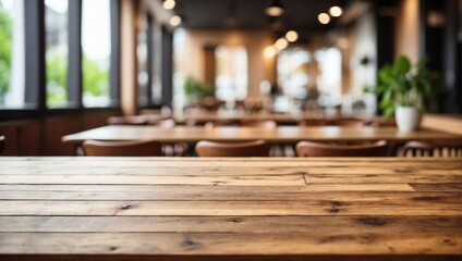 Fototapeta na wymiar Blurred Restaurant Cafe Countertop on Empty Wooden Table Background, Wooden Table