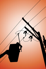 The silhouette power lineman disconnect the cable to replace the defective device that causes power outage. Before returning power to the power user.