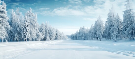 Fototapeta na wymiar Pine forest road in snowy winter, outskirts.