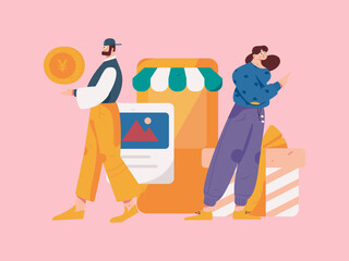 Holiday shopping people doing e-commerce online shopping flat vector concept operation hand drawn illustration
