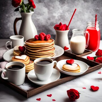 Breakfast. Pancakes and coffee with milk on a tray for Valentine's day.