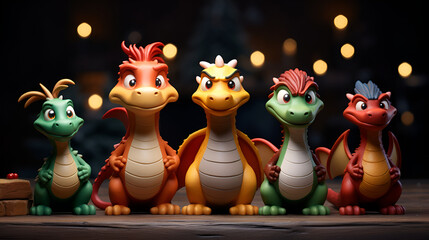 colorful cheerful 3D dragons on a dark background