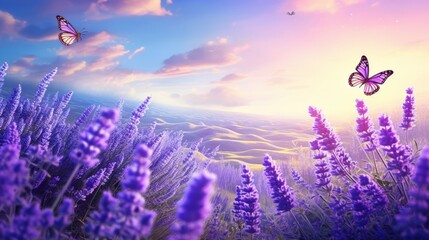 blooming lavender and butterflies: capturing the magic of a sunny spring or summer day in a meadow - obrazy, fototapety, plakaty