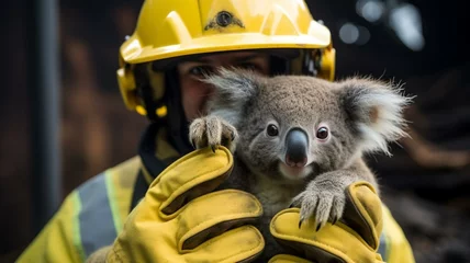 Zelfklevend Fotobehang Firefighter holding a koala © Karen