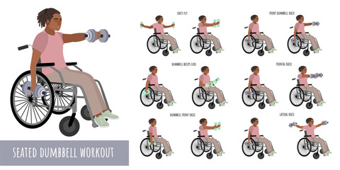 Disabled man seated dumbbell workout on wheelchair