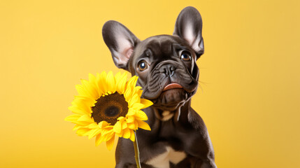 French bulldog holding yellow flower
