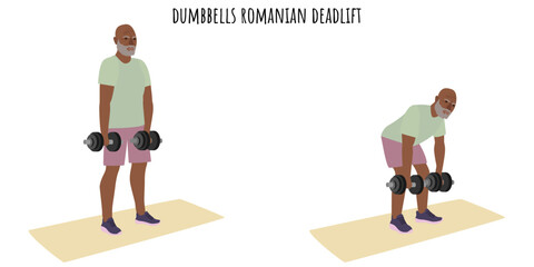 Senior man doing dumbbells romanian deadlift