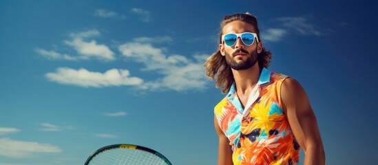 Beach tennis player holding racket on court.