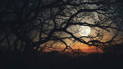 Full moon rising over tree branches