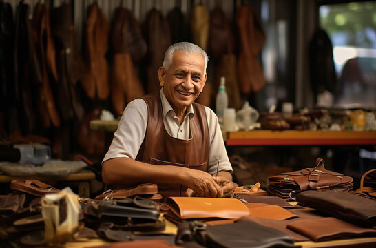 Skilled Maracana leatherworker in his craft shop