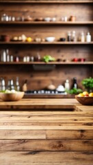 Blurred Kitchen Countertop on Empty Wooden Table Background, Wooden Table